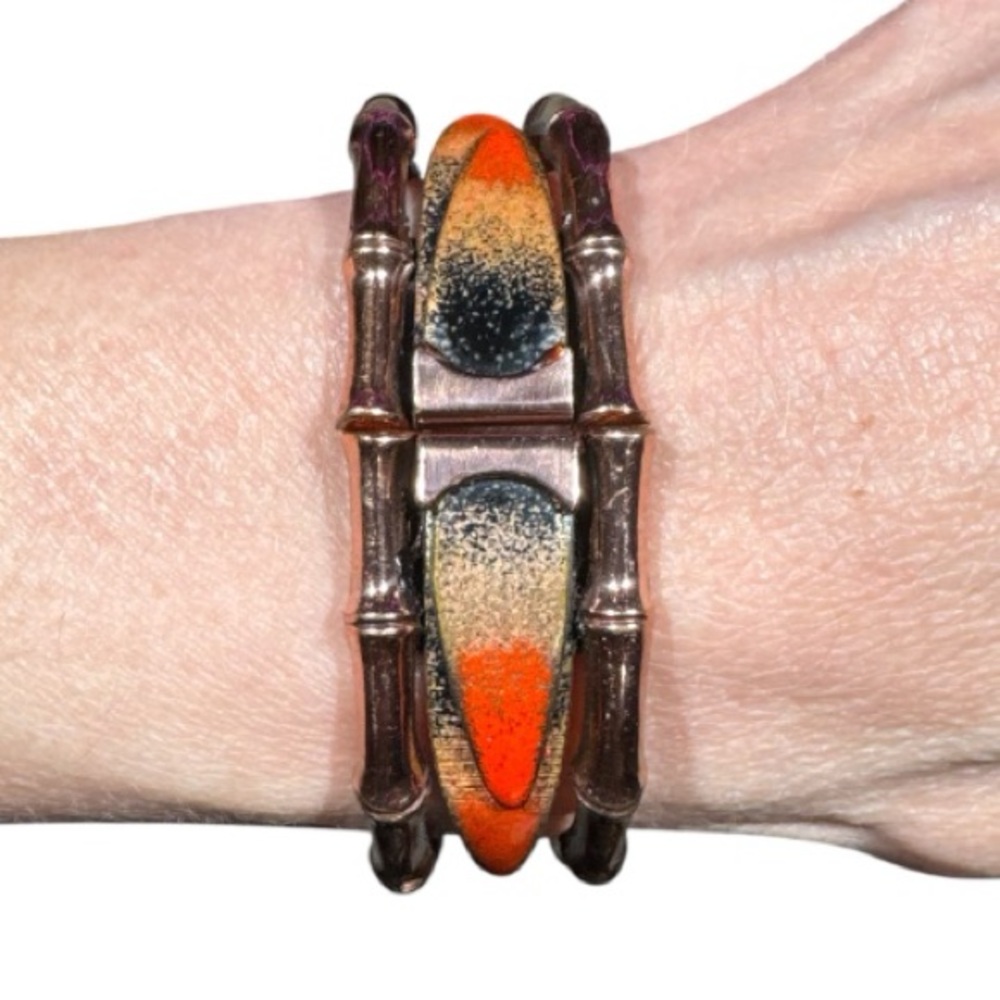 VTG MCM Matisse Renoir Copper Enamel Gold Orange Black Bamboo-Inspired Bracelet